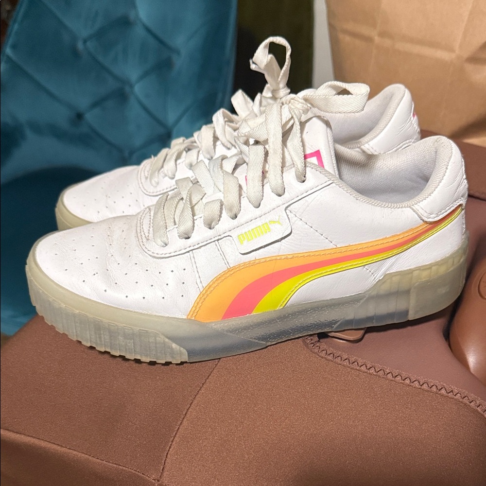 Puma White Low-Top Sneakers with Pink, Orange & Yellow Stripe